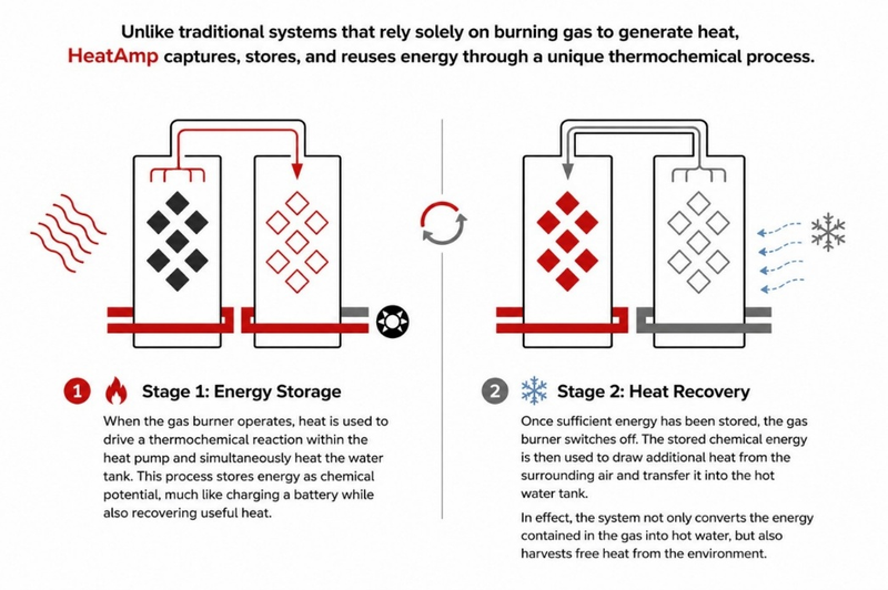 Thermochemical process: two-stage cycle showing energy storage and heat recovery